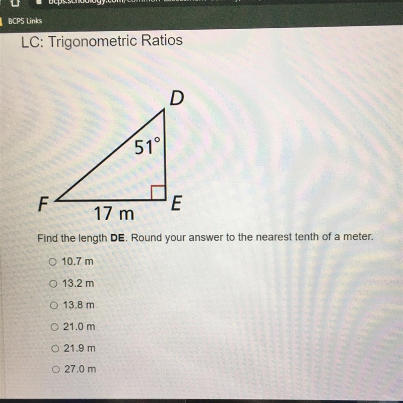 Find the length DE. Round your answer to the nearest tenth of a meter-example-1