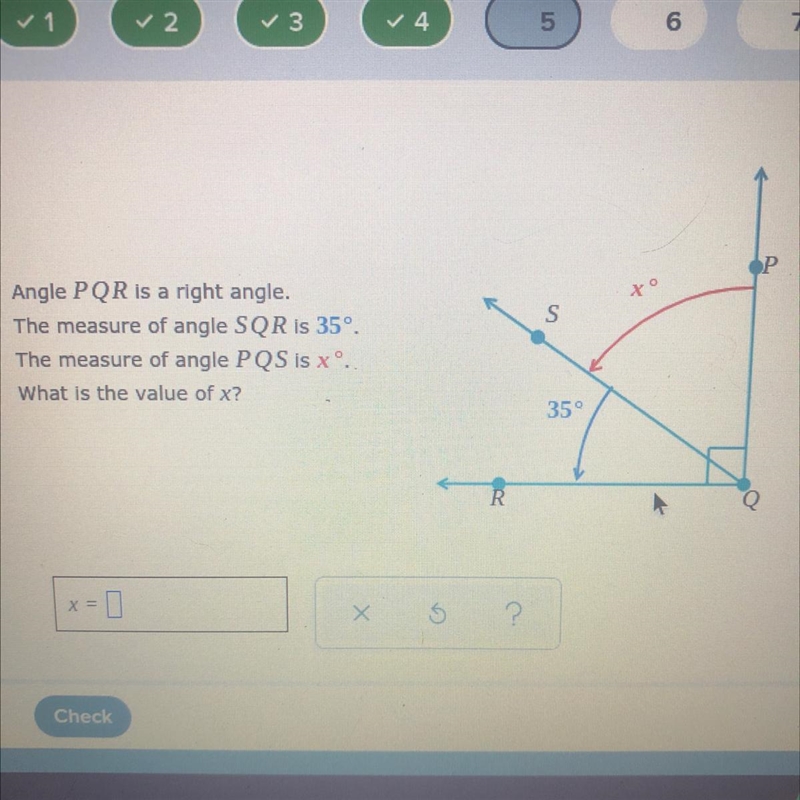 Angle PQR is a right angle. The measure of angle SQR is 35°. The measure of angle-example-1