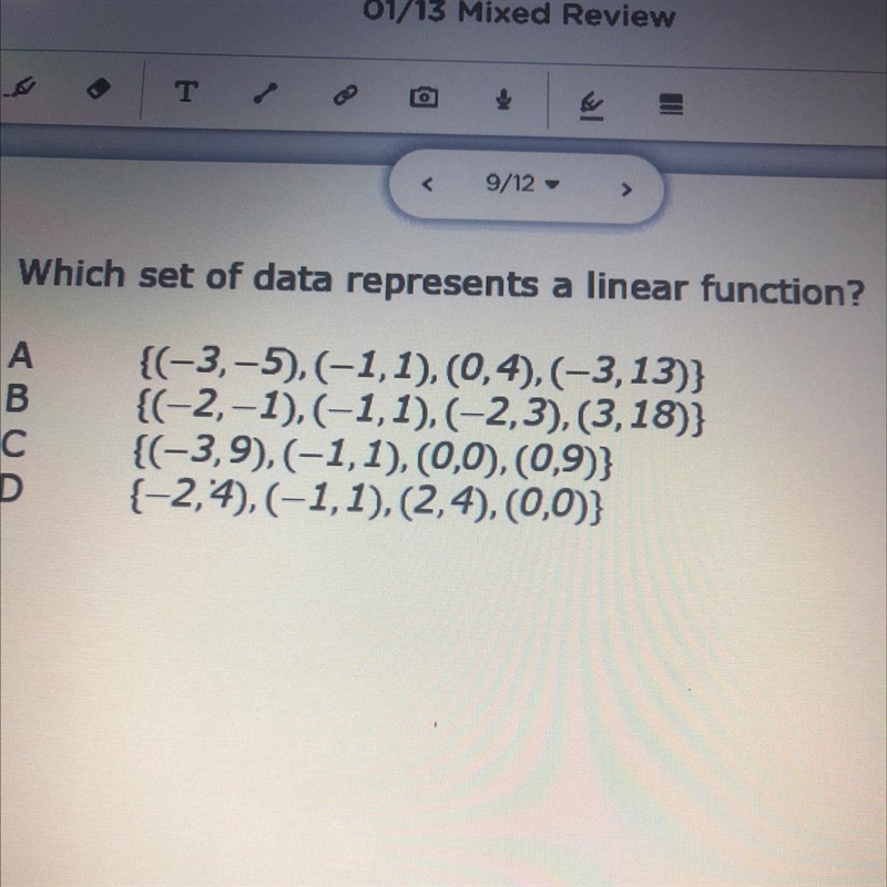 Which set of data represents a linear function?-example-1