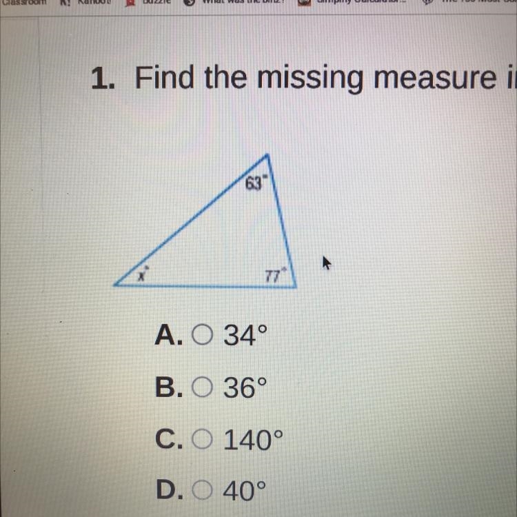 1. Find the missing measure in the triangle below.-example-1