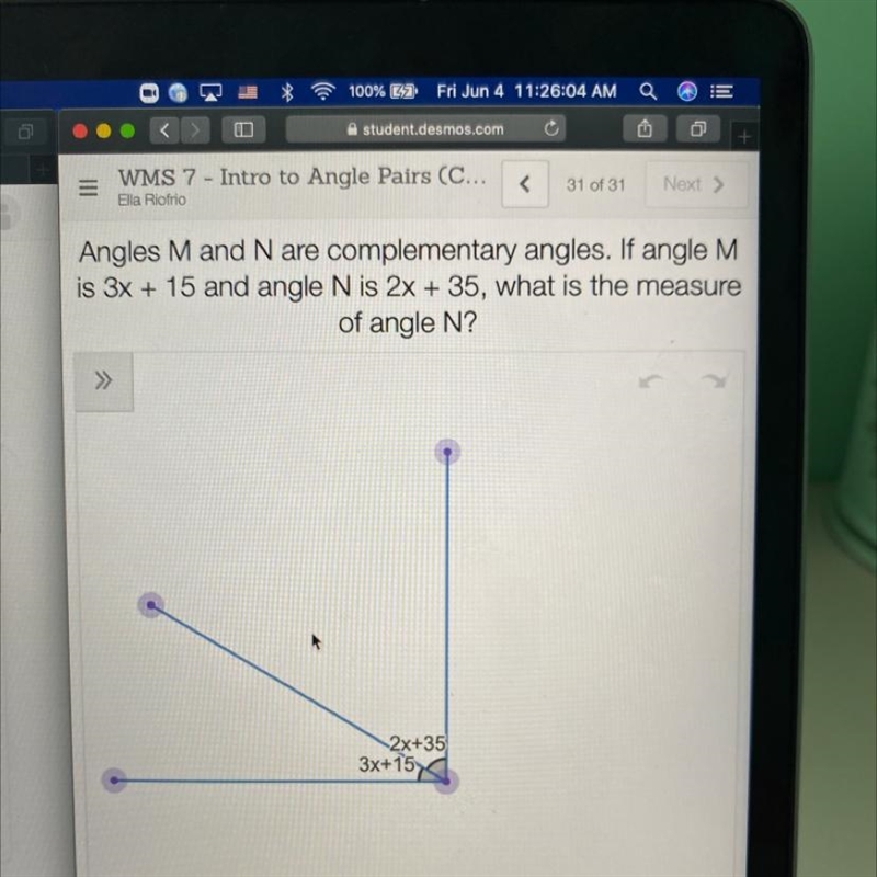 Use your value of x to find the measure of angle n Please help me-example-1