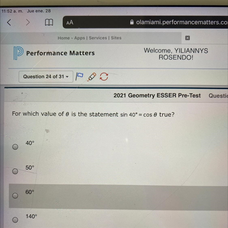 For which value 0 is the statement sin 40= cos 0 true ?-example-1