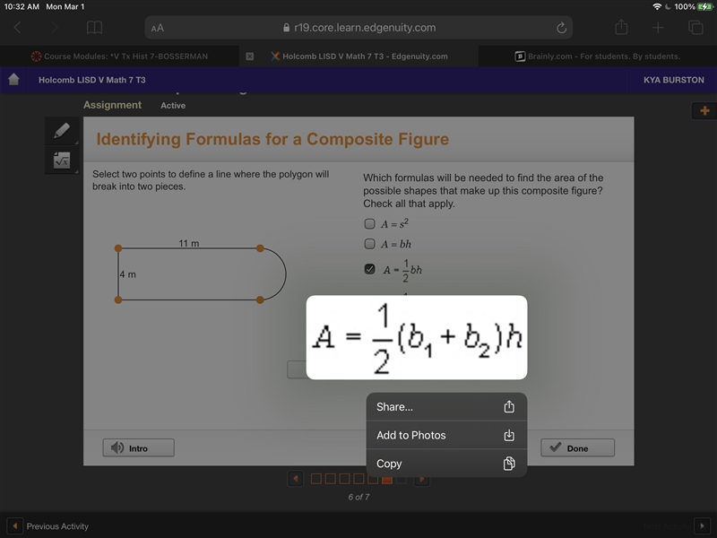 Composite figure? Check all that apply. A = s2 A = bh It wouldn’t let me type the-example-2