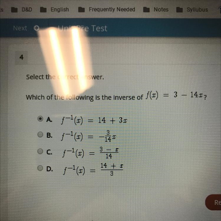 Which of the following is the inverse of f (x) = 3 - 14x-example-1