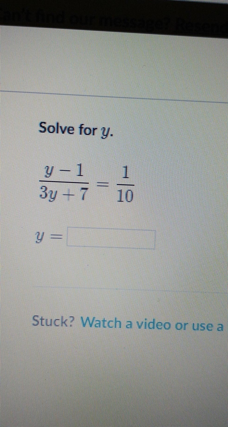 Solve for y. 1 y – 1 3y + 7 10 y E​-example-1