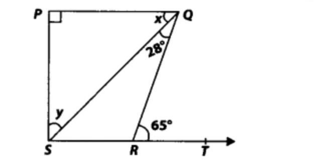 In figure, if PQ ⊥ PS, PQ||SR, ∠SQR = 2S° and ∠QRT = 65°, then find the values of-example-1