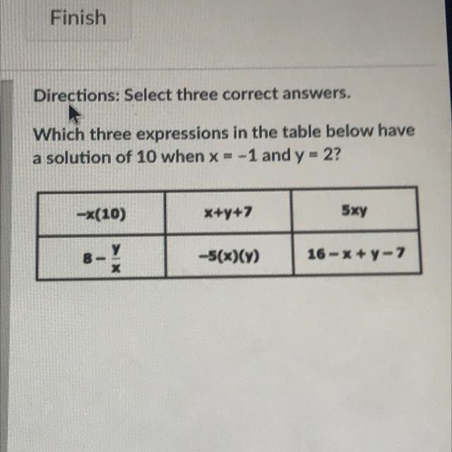 Which three expressions in the table below have a solution of 10 when x = -1 and y-example-1