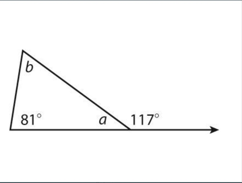 What is the measure of angle b? A. 36° B. 56° C. 63° D. 117°-example-1