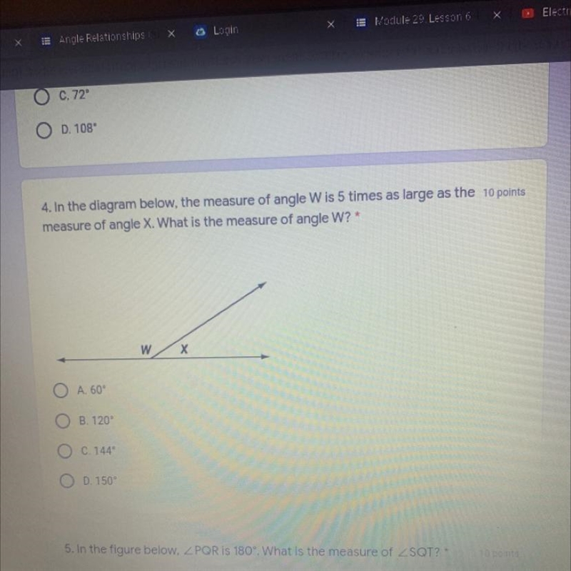 in the diagram below, the measure of angle W is 5 times as large as the measure of-example-1