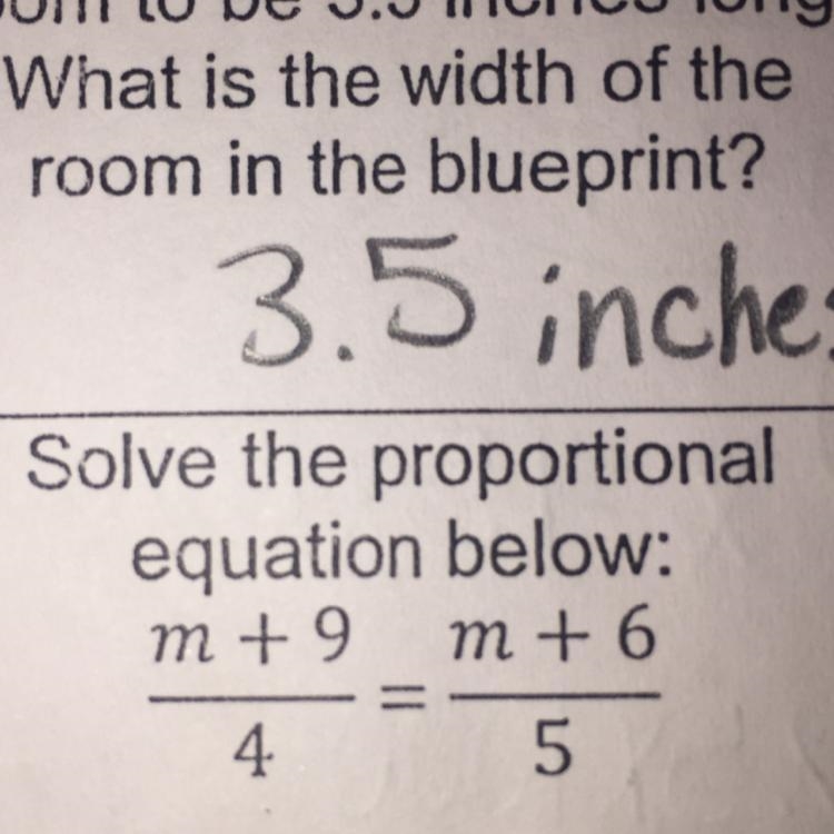 Solve the proportional equation below: m+9/4=m+6/5-example-1