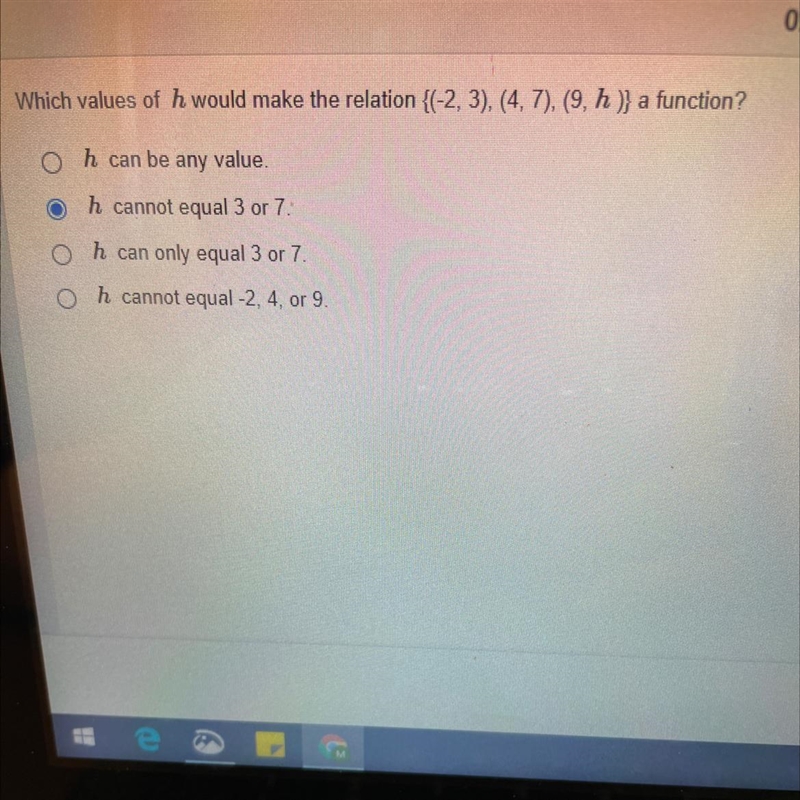 Which values of h make the relation {(-2,3), (4,7), (9, h)} a function?-example-1