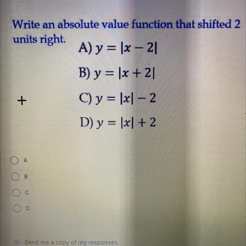 Write an absolute value function that shifted 2 units right. HELPPPP-example-1