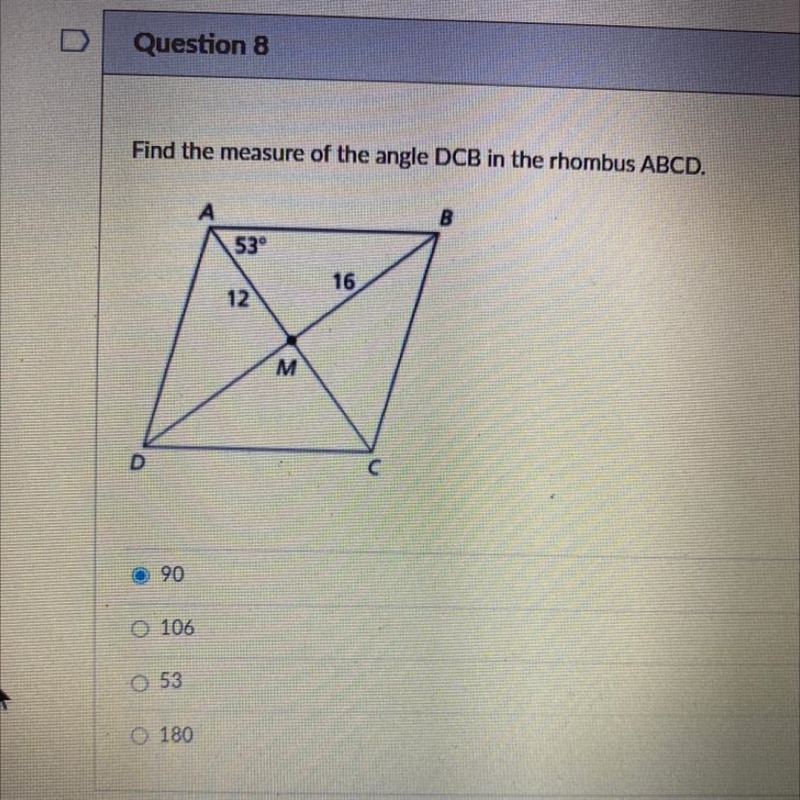 Please I need help. Find the measure of the angle DCB in the rhombus ABCD.-example-1