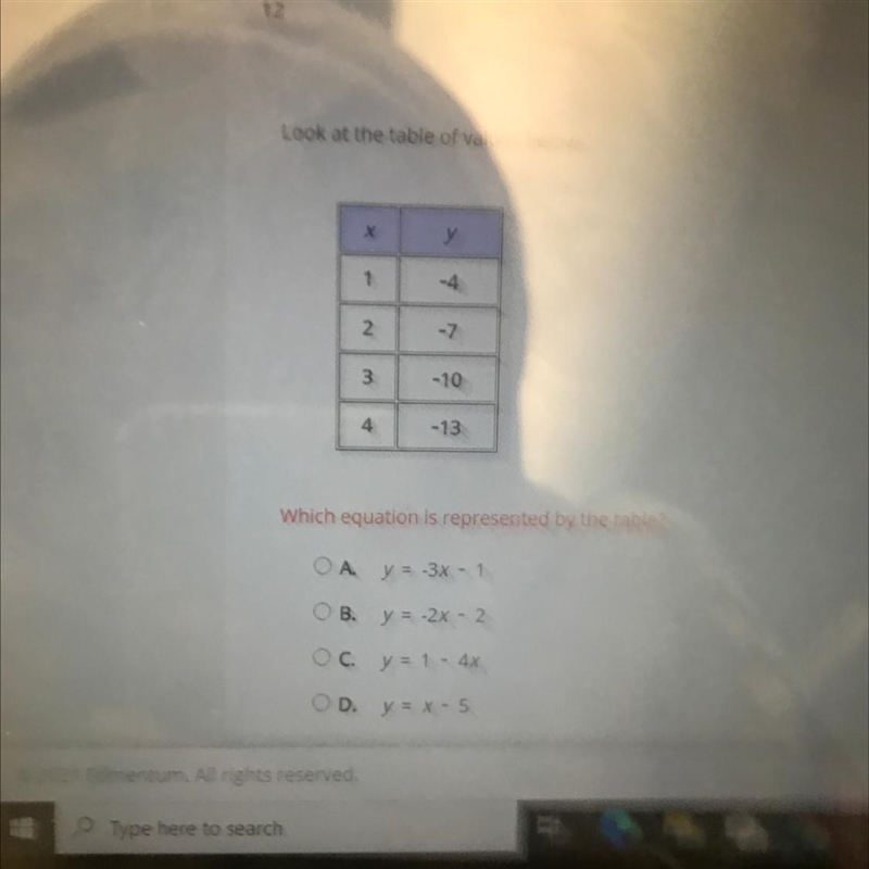 The equation represented by the table-example-1