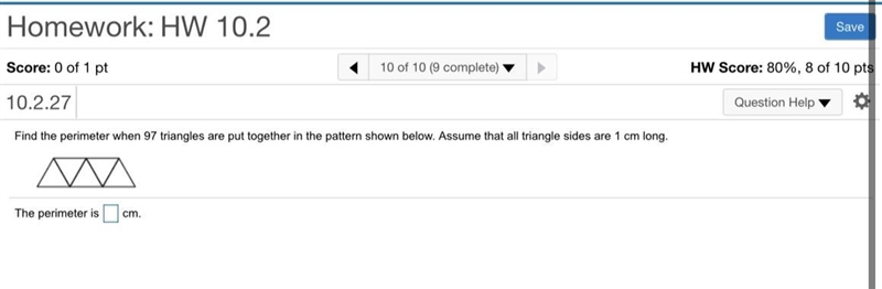 Find the perimeter when 97 triangles are put together in the pattern shown below. assume-example-1