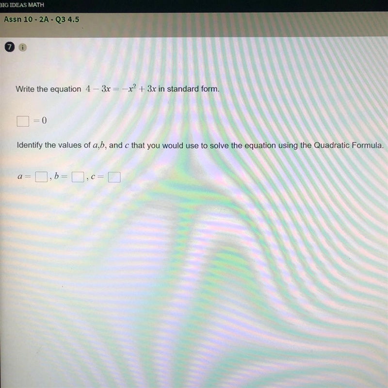 Write the equation 4 - 3x = -x^2 + 3x in standard form.-example-1