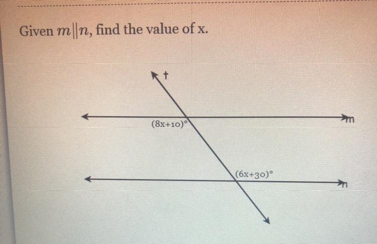 Given m|n, find the value of x. (8x+10) mm (6x+30) > Answer:-example-1