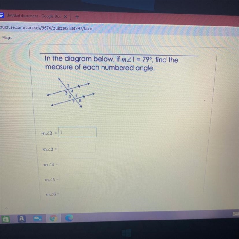 PLEASE HELP!!! In the diagram below, if m1 = 79, find the measure of each numbered-example-1