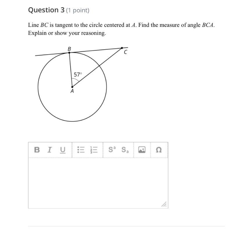 Line BC is tangent to the circle centered at A. Find the measure of angle BCA. Explain-example-1