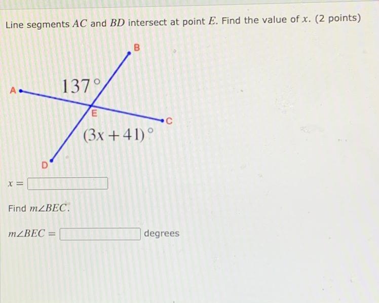 Help find x and angle BEC-example-1