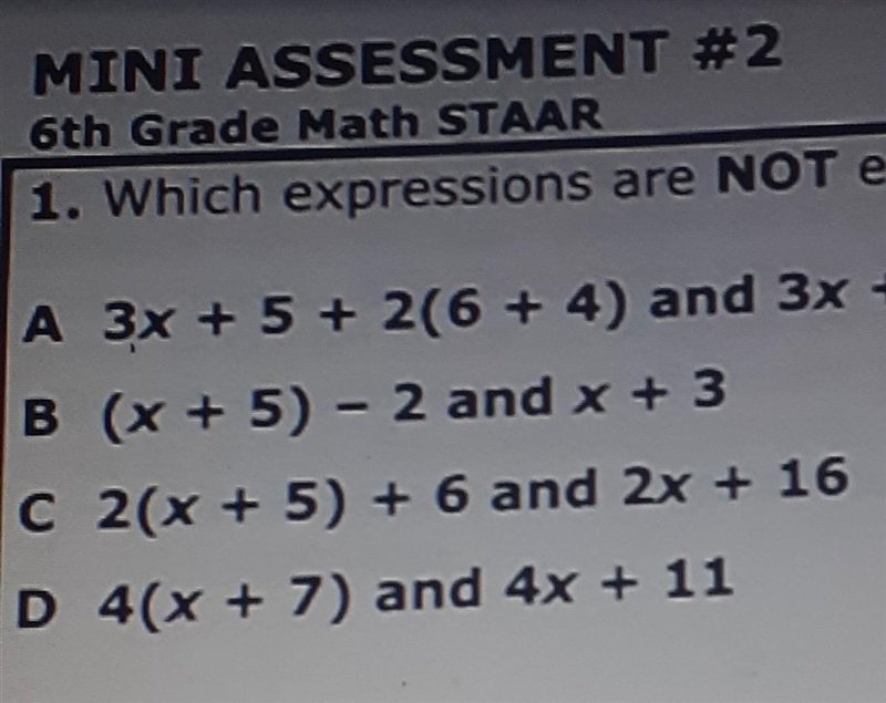 1. Which expressions are NOT equivalent? A 3x + 5 + 2(6 + 4) and 3x + 25 B (x + 5) – 2 and-example-1