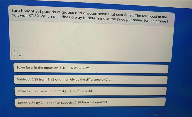 Zara bought 2.4 pounds of grapes and a watermelon what cost $5.28. The total cost-example-1