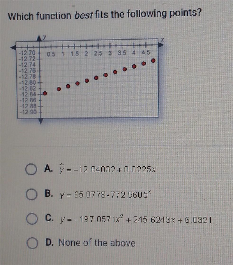 Which function best fits the following points? A. y= -12.84032 + 0.0225x B. y = 65.0778 × 772.9605^x-example-1