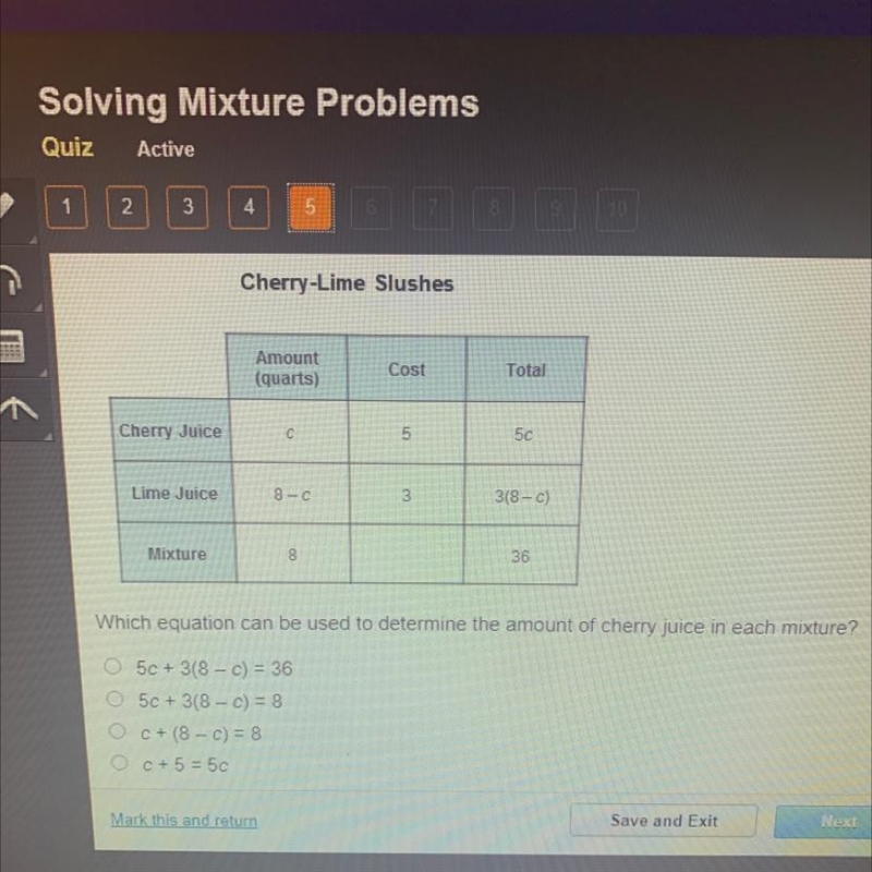 Which equation can be used to determine the amount cherry juice in each mixture?-example-1