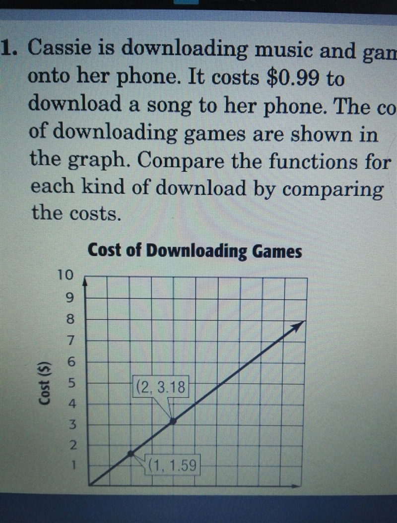 Cassie is downloading music and games onto her phone. it costs $0.99 to download a-example-1