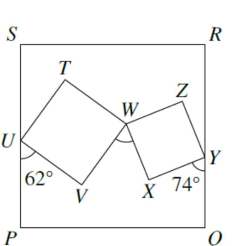 The diagram shows three squares, PQRS, TUVW and WXYZ. Angles PUV and QYX are 62∘ and-example-1