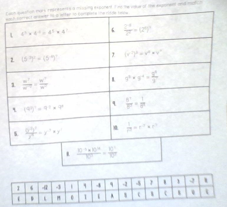 each qyestion mark is a missing exponent. find the value of the exponent and match-example-1