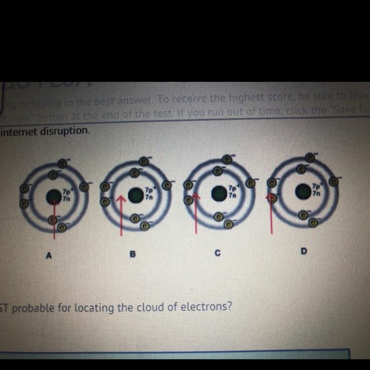 Which two locations are MOST probable for locating the cloud of electrons? A) A and-example-1