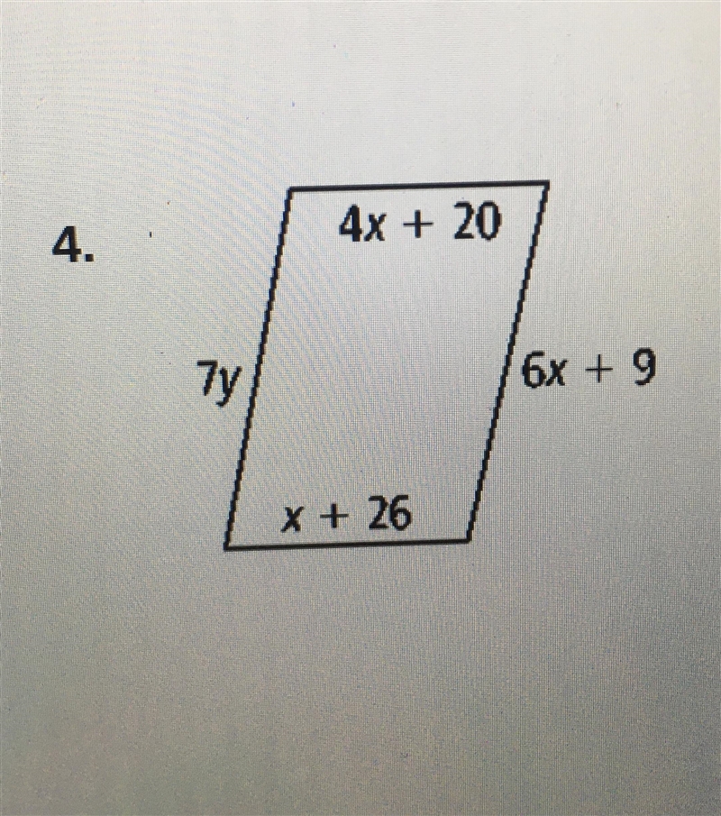 For what values of x and y must each figure be a parallelogram? Need help please, and-example-1