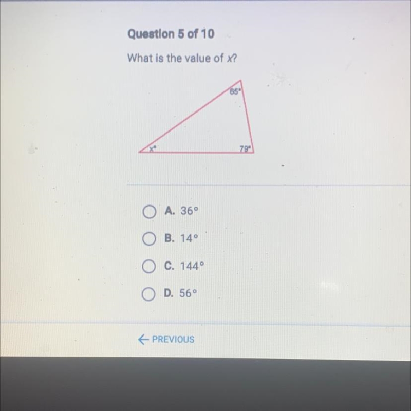 What is the value of x? 799 A. 36° B. 14° C. 1440 D. 56-example-1