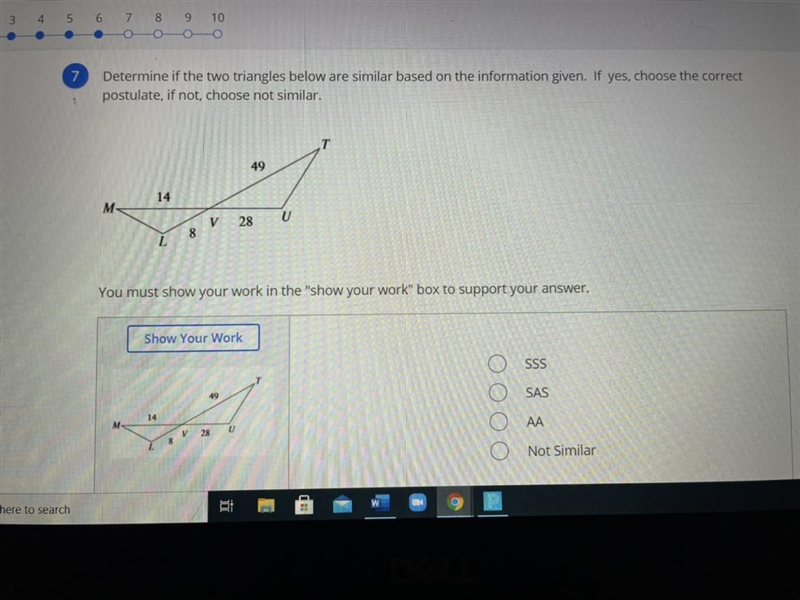 Determine if the two triangles in the image above are similar. If so, what’s the correct-example-1