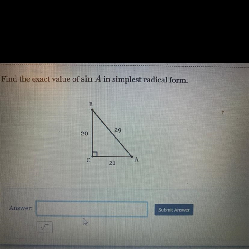 Find the exact value of sin A in simplest radical form.-example-1