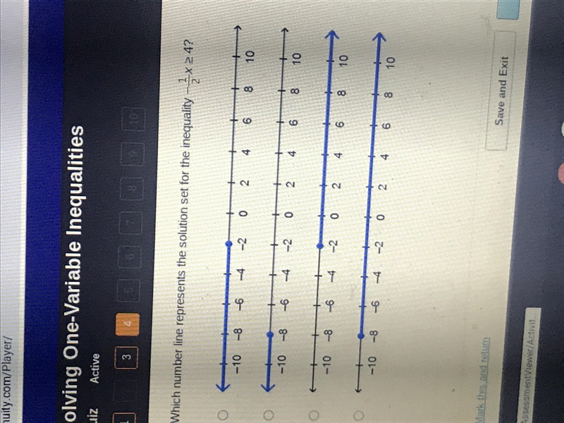 Which number line represents the solution set for the inequality-1/2x>_4-example-1