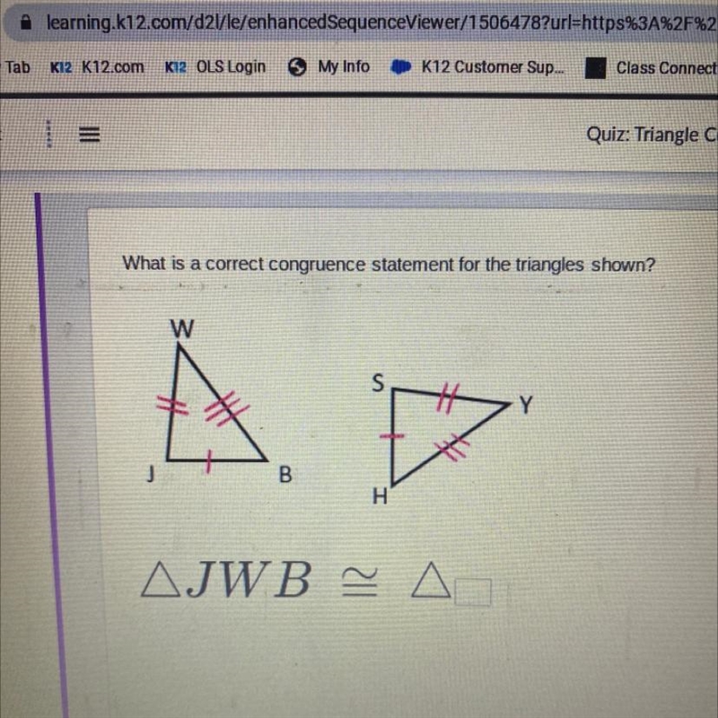 Help me please What is a correct congruence statement for the triangles shown?-example-1