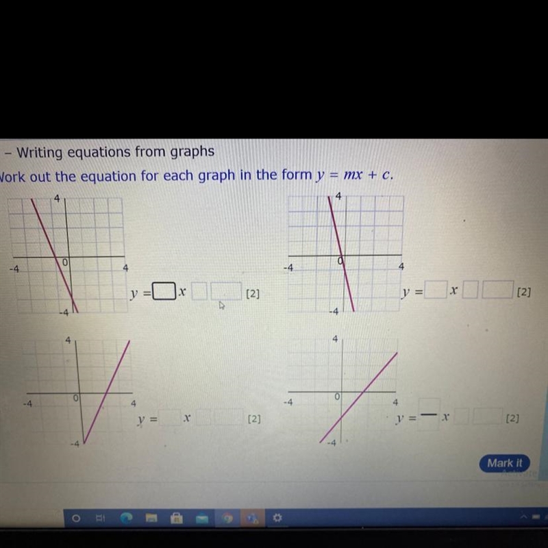 Work out the equation for each graph in the form y=mx+c please help !-example-1