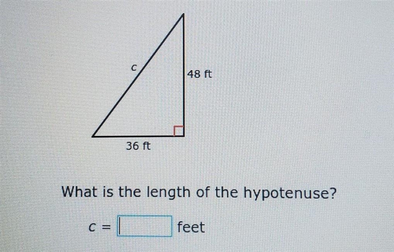 С 48 ft 36 ft What is the length of the hypotenuse? C= millimeters​-example-1