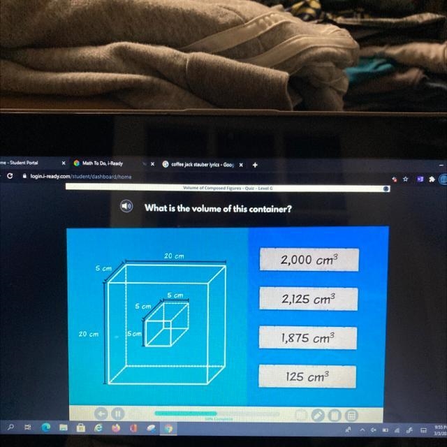 What is the volume of this container? 20 cm 2,125 cm3 5 cm 5 cm 2,000 cm3 5 cm 20 cm-example-1