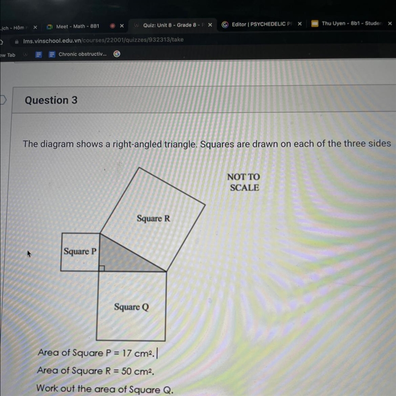 Area of Square P = 17 cm2. Area of Square R = 50 cm2. Work out the area of Square-example-1