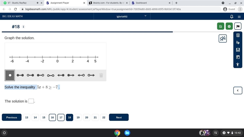 Solve the inequality 5z+8≥-7-example-1