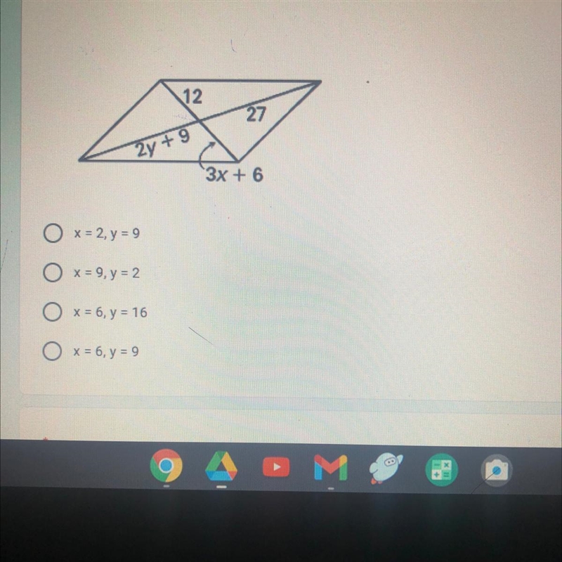 Use the properties of parallelograms to solve for the missing variables-example-1