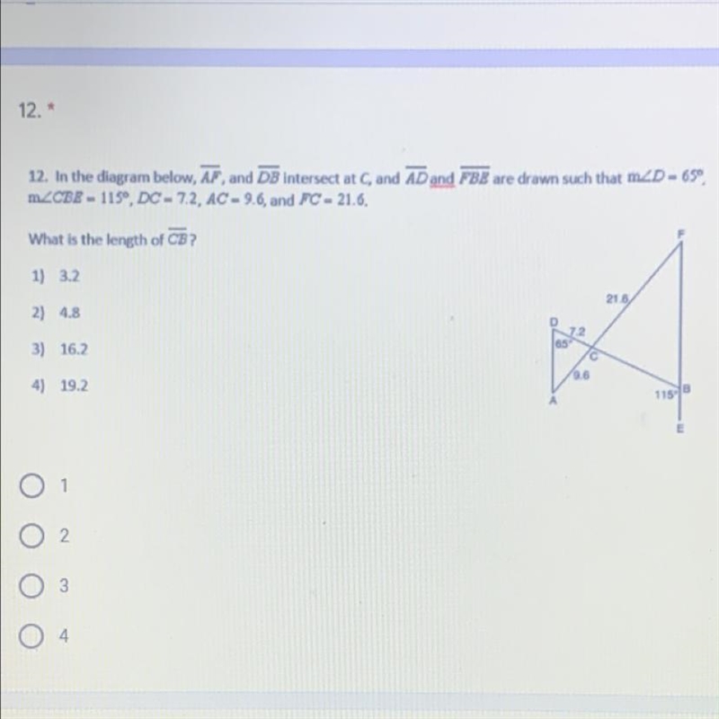 12. In the diagram below… What is the length of CB? 1) 3.2 2) 4.8 3) 16.2 4) 19.2-example-1