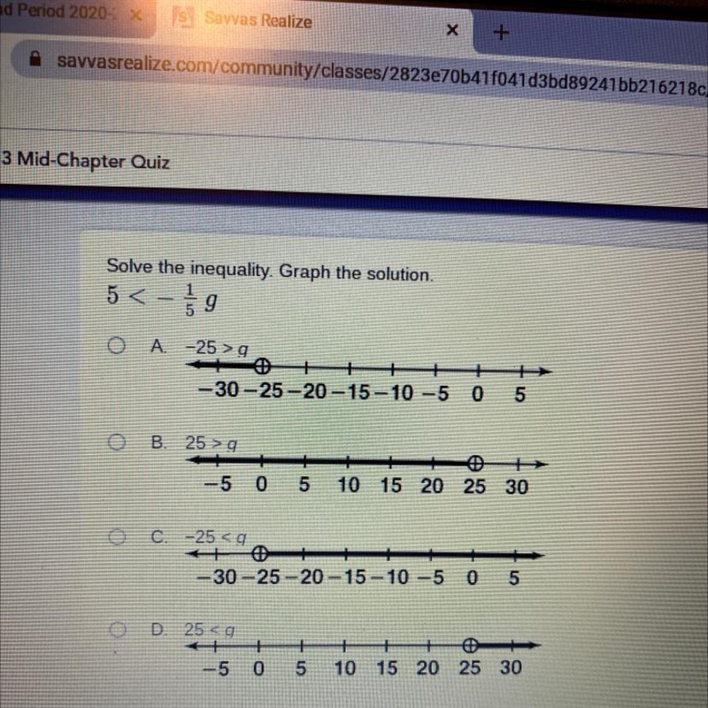 Solve the inequality. Graph the solution. 5 < -1/5g-example-1