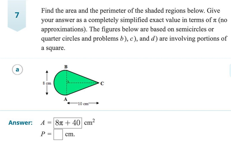 Find the area and perimeter of the shaded regions below. Give your answer as a completely-example-1