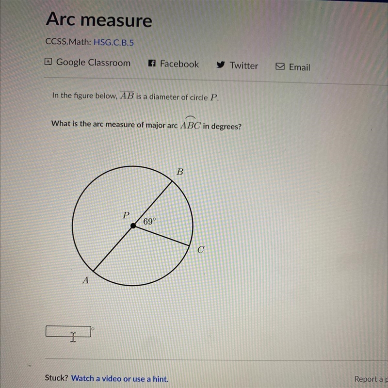 In the figure below, AB is a diameter of circle P. What is the arc measure of major-example-1