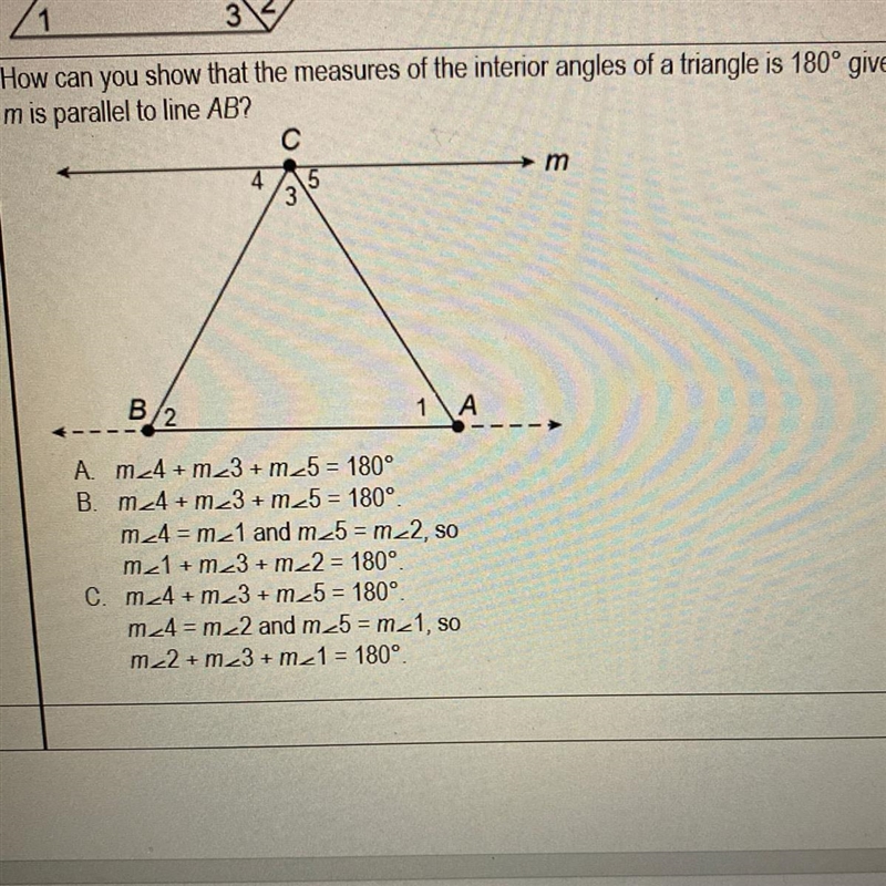 How can you show that the measures of the interior angles of a triangle is 180° given-example-1