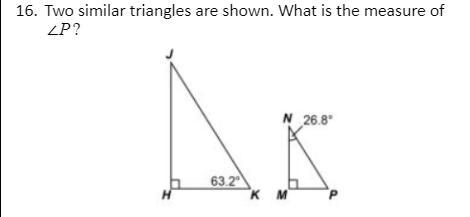 Two similar triangles are shown. What is the measure of ∠P?-example-1